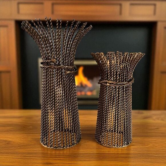 Vintage Metal Candle Holders Willow Wire Lot of 2 Decor Brown Gold - Picture 1 of 6